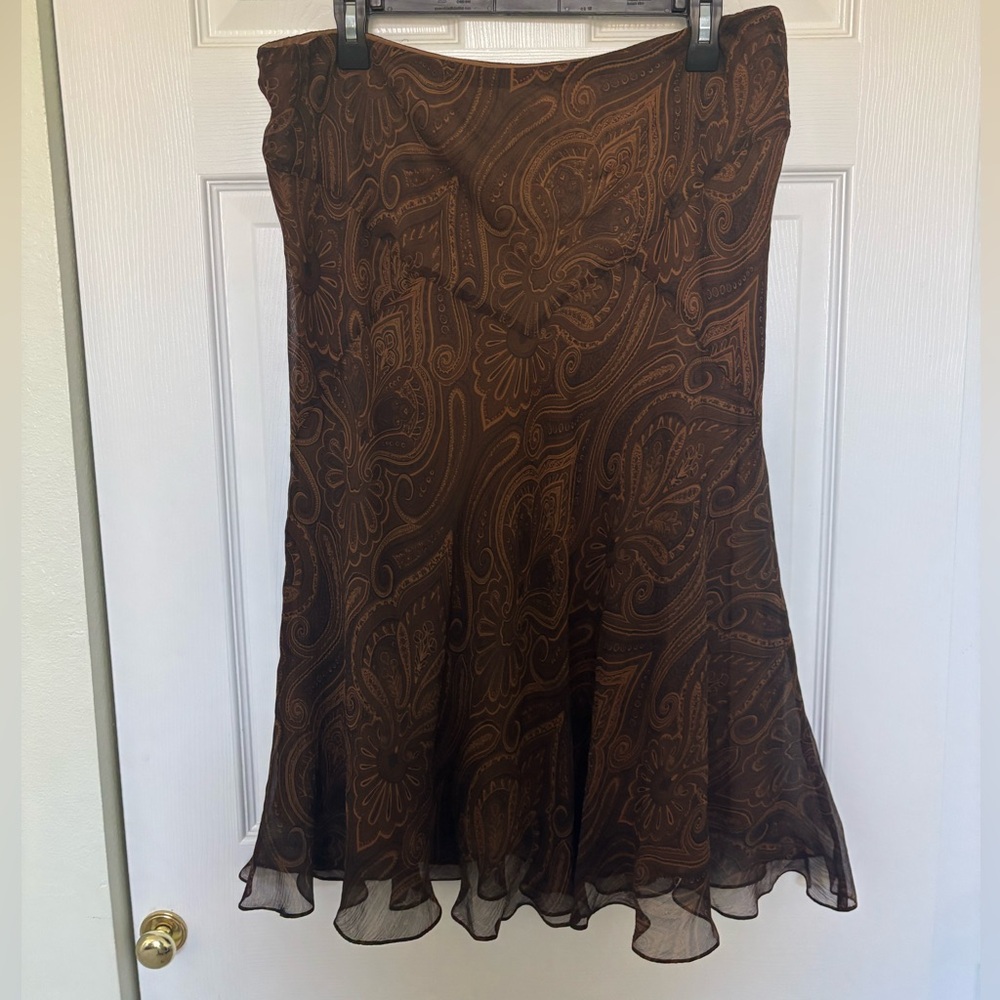 Lauren Ralph Lauren Silk Brown Paisley Floral Ruffle Hem Skirt Size 14 - Picture 3 of 4